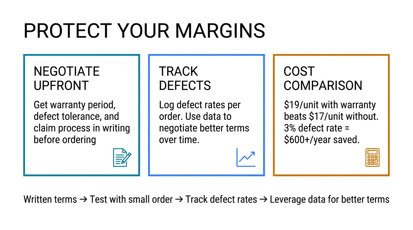 Key takeaways — negotiate upfront for written terms, track defect rates per order, $19 with warranty beats $17 without saving $600+ per year