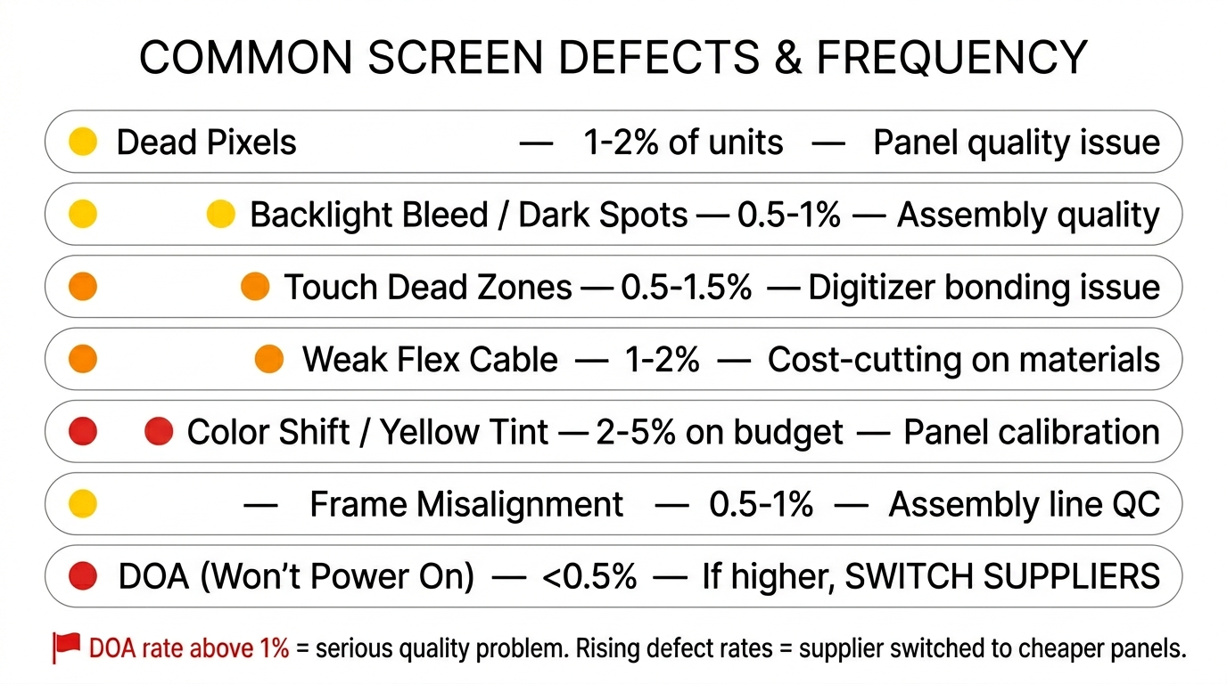 Common phone screen defects — 7 defect types with color-coded severity indicators and frequency rates: dead pixels 1-2%, backlight bleed 0.5-1%, touch dead zones 0.5-1.5%, weak flex cable 1-2%, color shift 2-5%, frame misalignment 0.5-1%, DOA under 0.5%