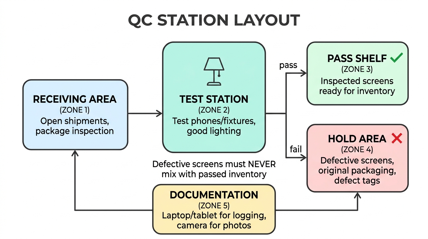 QC station layout — 5-zone diagram showing Receiving Area, Test Station, Pass Shelf, Hold Area, and Documentation Station with workflow arrows