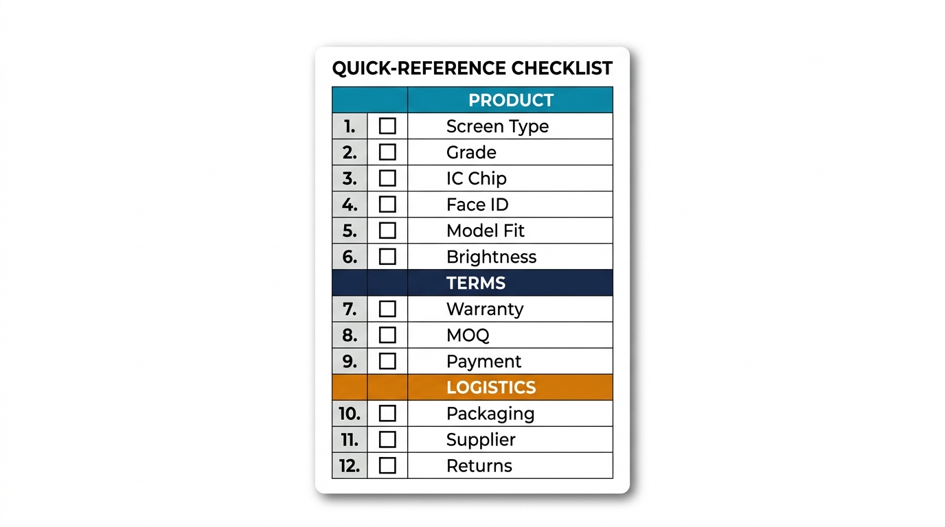 Quick-reference checklist card — 12 items grouped by Product (Screen Type, Grade, IC Chip, Face ID, Model Fit, Brightness), Terms (Warranty, MOQ, Payment), and Logistics (Packaging, Supplier, Returns) with checkbox format