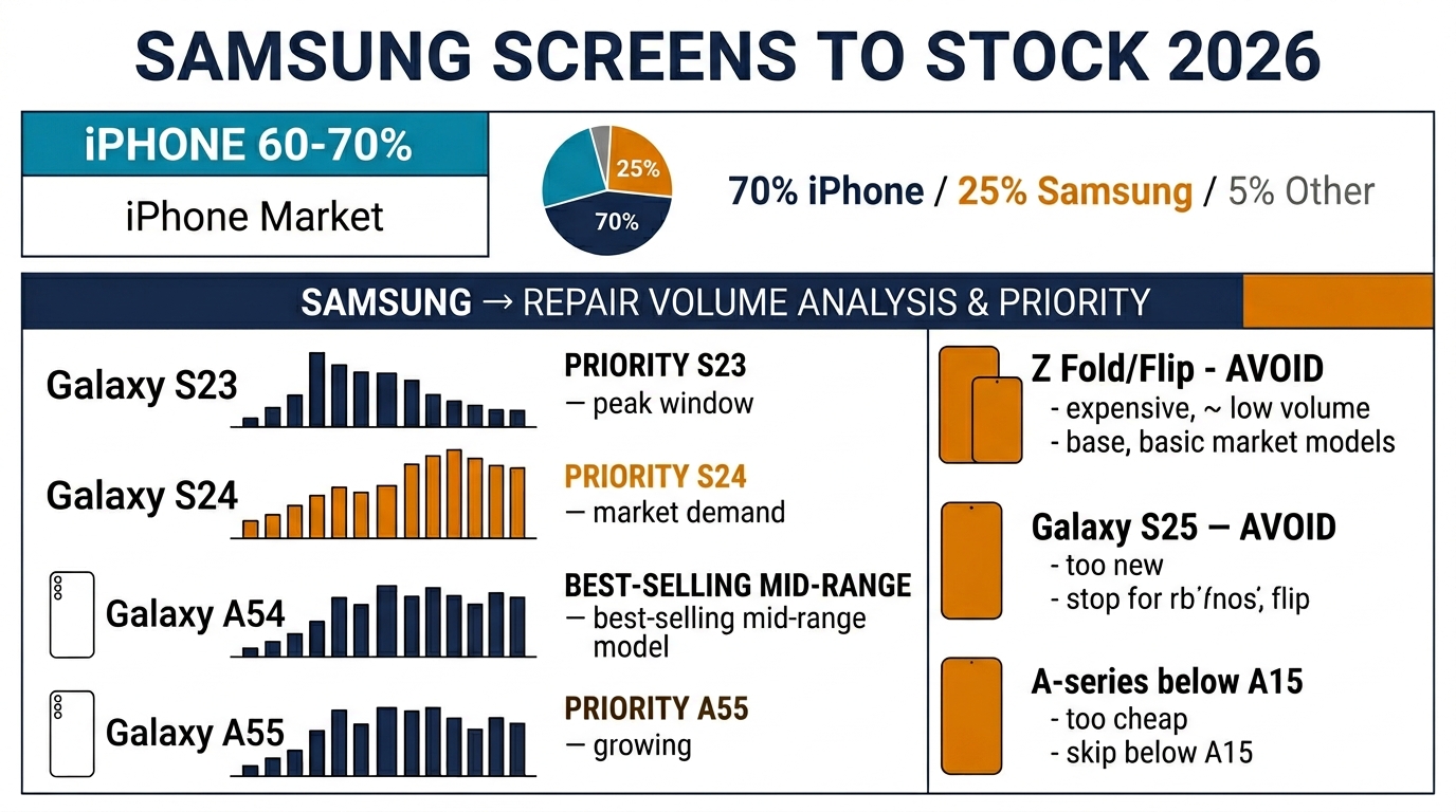 Samsung screens to stock 2026 — priority models Galaxy S23, S24, A54, A55 with repair volume analysis, 70% iPhone / 25% Samsung / 5% Other market split, models to avoid: Z Fold/Flip, S25, low-end A-series