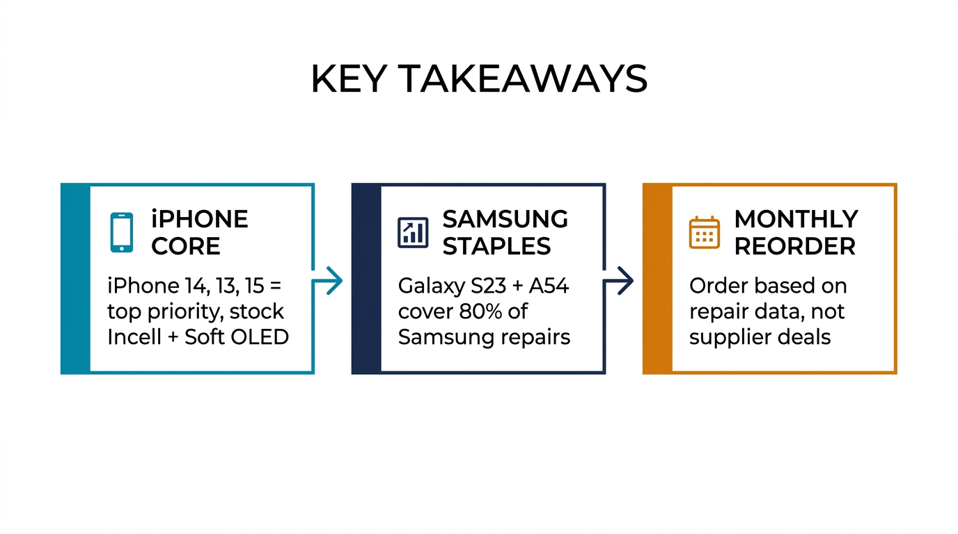Key takeaways — iPhone Core (iPhone 14, 13, 15 top priority, stock Incell + Soft OLED), Samsung Staples (Galaxy S23 + A54 cover 80% of Samsung repairs), Monthly Reorder (order based on repair data, not supplier deals)