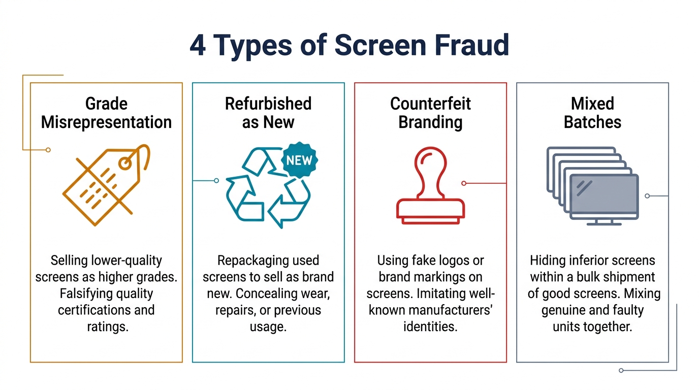 Four types of fake phone screen fraud: grade misrepresentation, refurbished as new, counterfeit branding, mixed batches