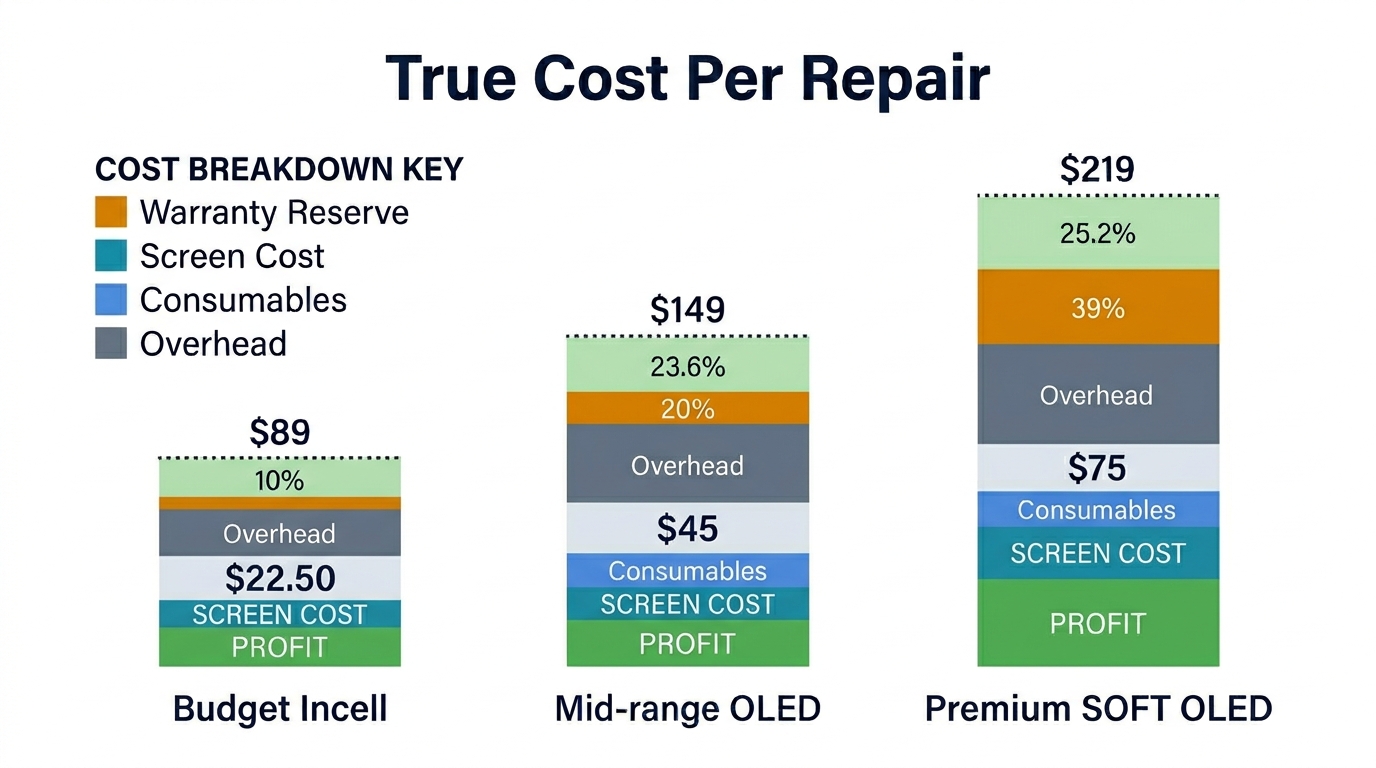 True cost breakdown of a phone screen repair including overhead and variable costs