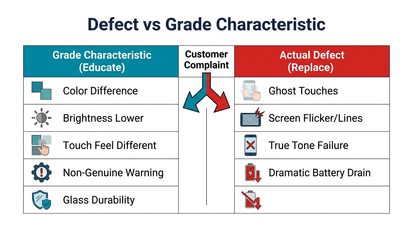 Classification of seven aftermarket screen complaint types as defects versus grade characteristics