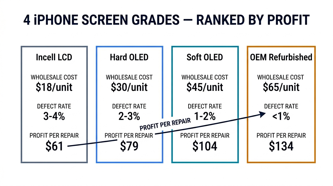 4 iPhone screen grades ranked by profit per repair — Incell $61, Hard OLED $79, Soft OLED $104, OEM Refurbished $134