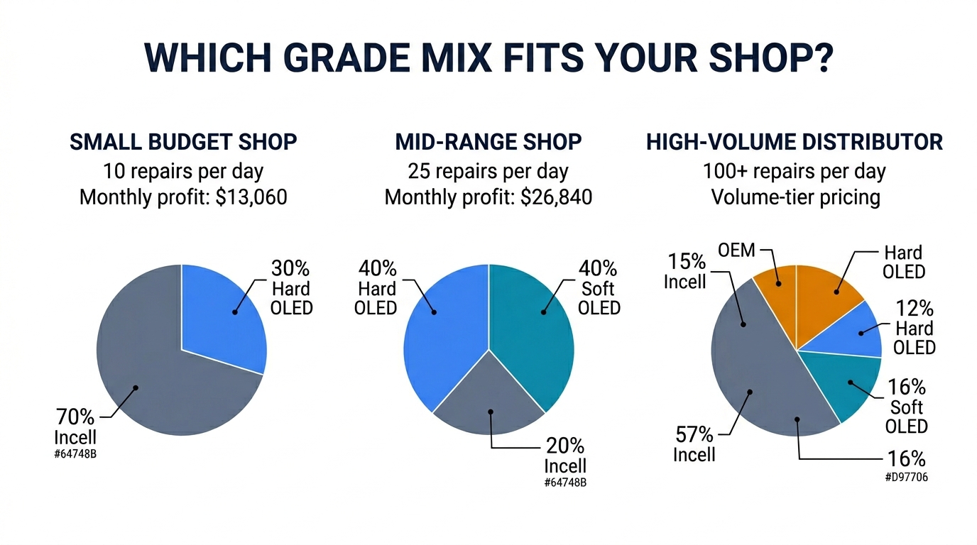 Which grade mix fits your shop — small budget, mid-range, and high-volume distributor scenarios with monthly profit projections