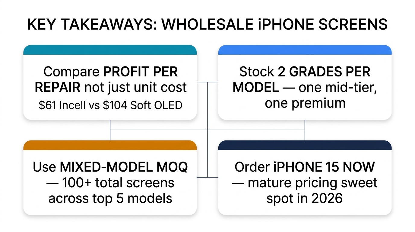 Key takeaways for wholesale iPhone screen buyers — compare profit per repair, stock 2 grades per model, use mixed-model MOQ, order iPhone 15 now