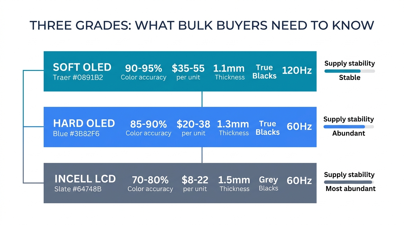 Three wholesale iPhone screen grades tiered by quality — Soft OLED 90-95% accuracy, Hard OLED 85-90%, Incell LCD 70-80% with pricing and supply stability