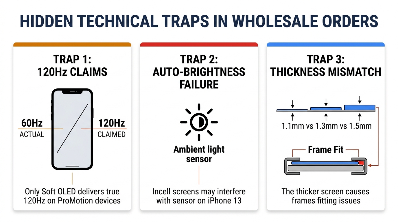 3 hidden technical traps in wholesale orders — 120Hz false claims, auto-brightness failure, and thickness mismatch causing frame fit issues