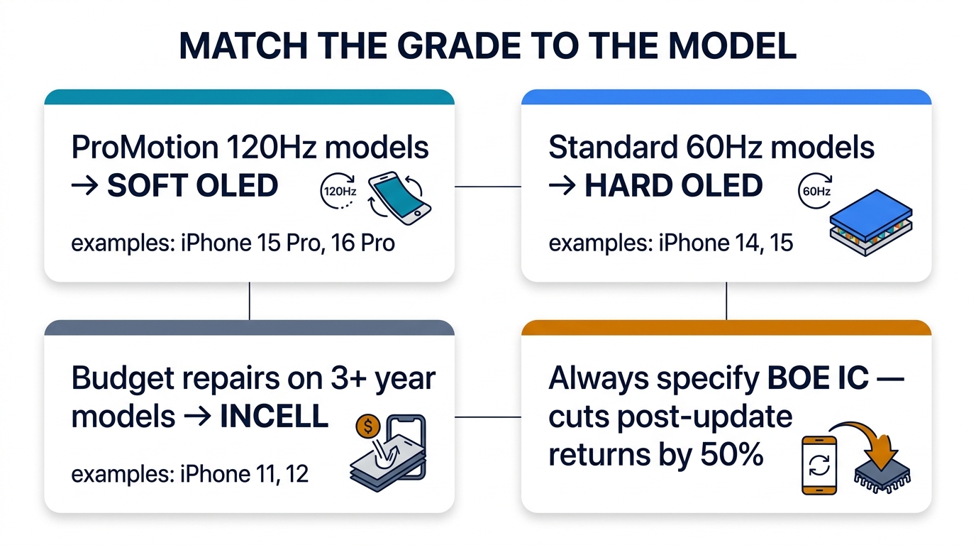 Match the grade to the model — ProMotion 120Hz→Soft OLED, Standard 60Hz→Hard OLED, Budget 3+ years→Incell, always specify BOE IC