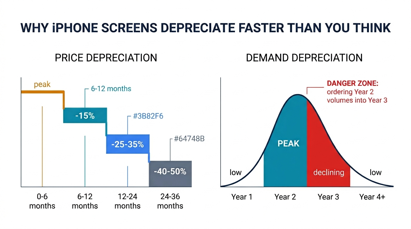 Dual depreciation curves — price drops 15-50% over 36 months, demand bell curve peaks at Year 2 with danger zone at Year 2-3 transition
