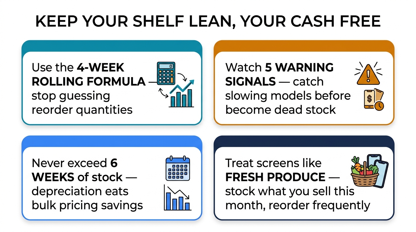 Key takeaways — 4-week rolling formula, 5 warning signals, never exceed 6 weeks stock, treat screens like fresh produce