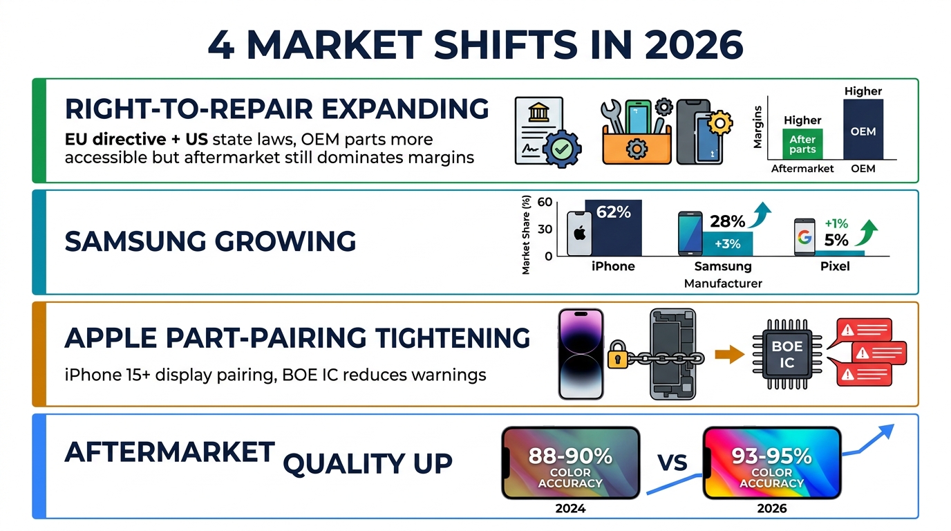 4 market shifts in 2026 — right-to-repair expanding, Samsung growing +3% YoY, Apple part-pairing tightening, aftermarket quality up to 93-95%