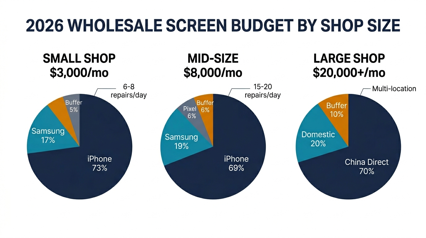 2026 wholesale screen budget by shop size — small $3K/mo, mid-size $8K/mo, large $20K+/mo with pie chart breakdowns