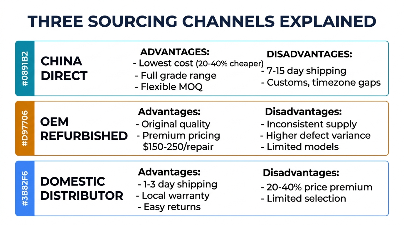 Three sourcing channels compared — China Direct lowest cost with 7-15 day shipping, OEM Refurbished original quality with limited supply, Domestic Distributor 1-3 day delivery with 20-40% premium