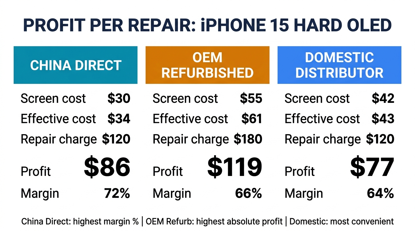 Profit per repair iPhone 15 Hard OLED — China Direct $86 (72% margin), OEM Refurbished $119 (66%), Domestic Distributor $77 (64%)