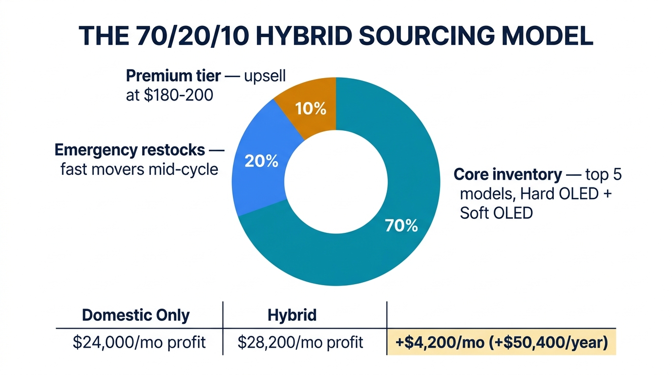 The 70/20/10 hybrid sourcing model — China Direct 70% core inventory, Domestic 20% emergency restocks, OEM 10% premium tier, adding $50,400/year profit