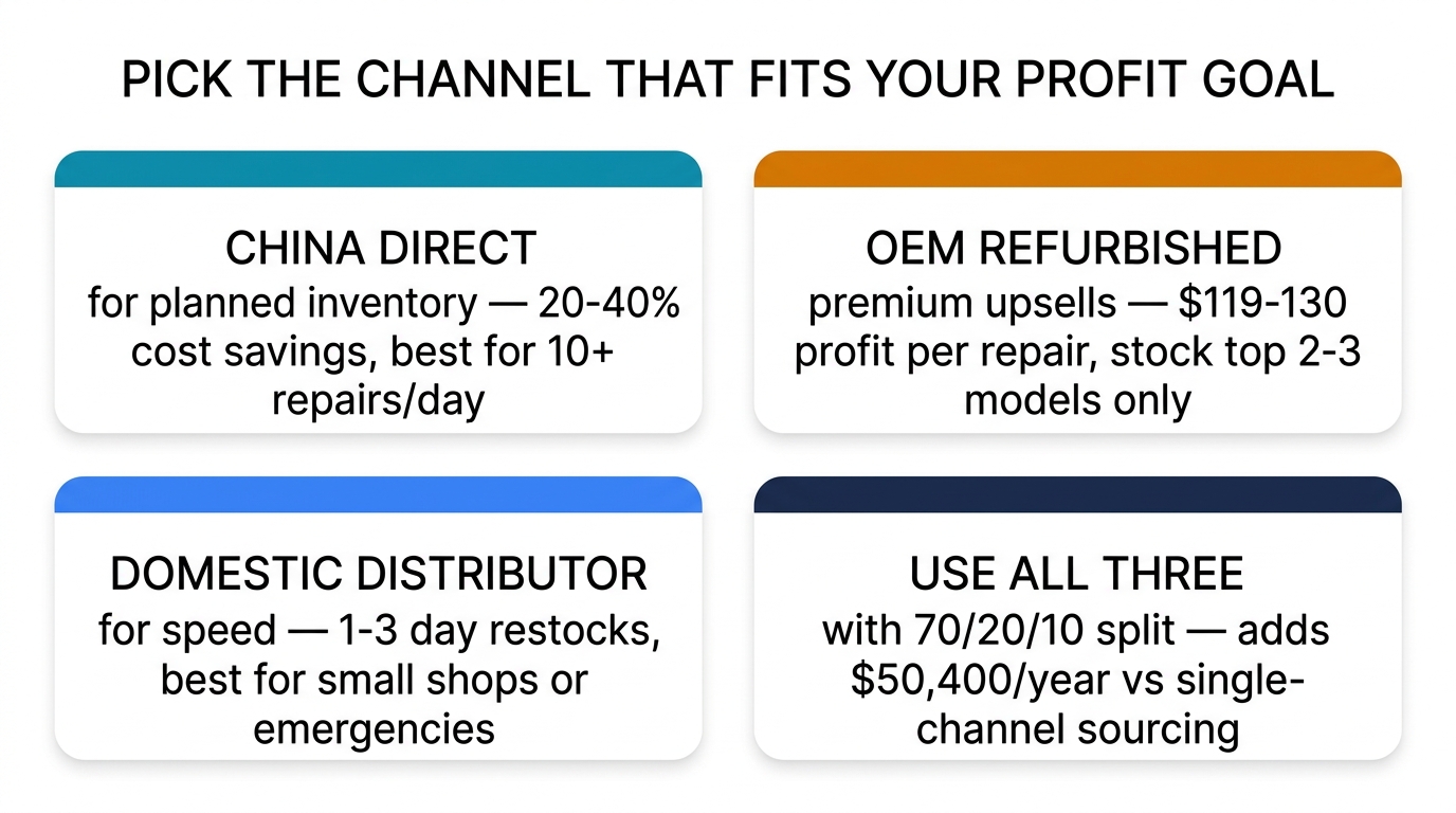 Key takeaways — China Direct for planned inventory, OEM for premium upsells, Domestic for speed, use all three with 70/20/10 split