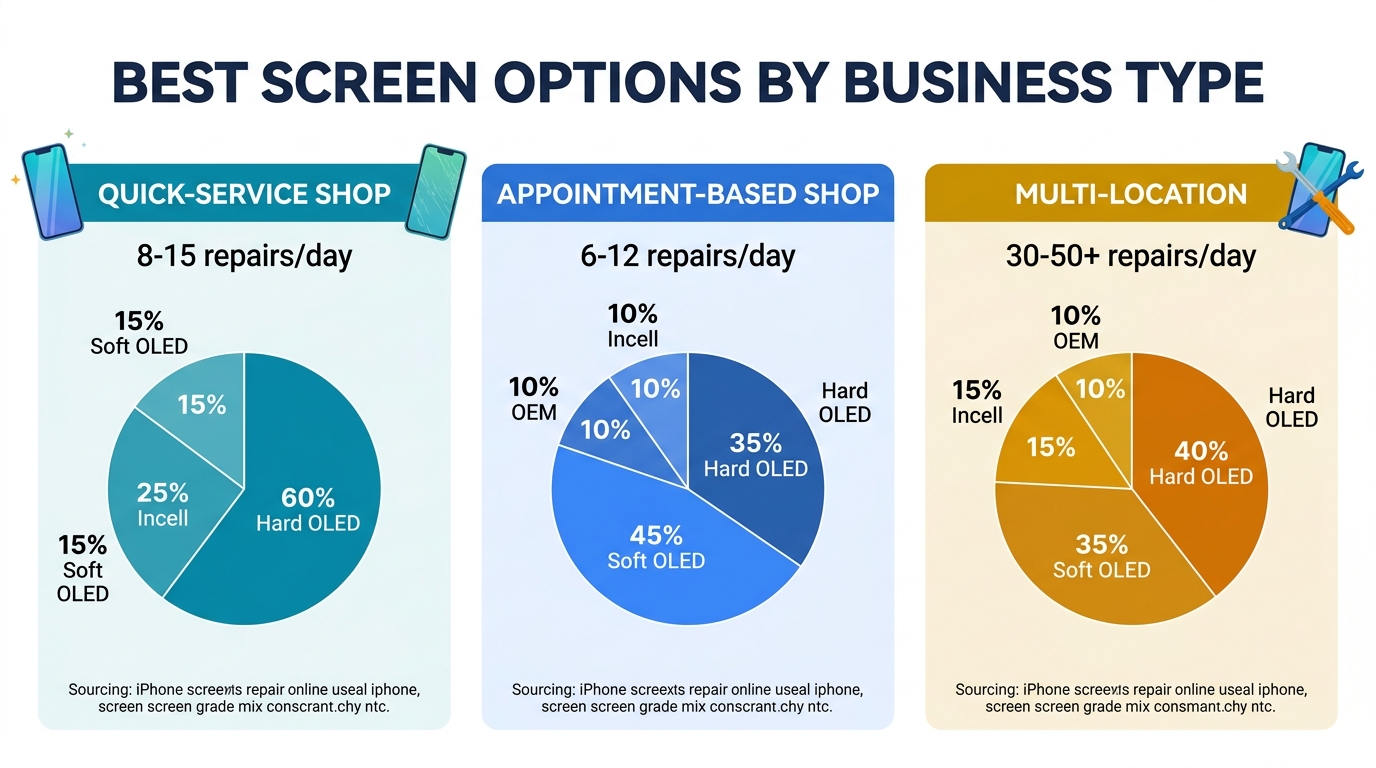 Best screen options by business type — quick-service 60% Hard OLED, appointment-based 45% Soft OLED, multi-location 40% Hard OLED with pie charts