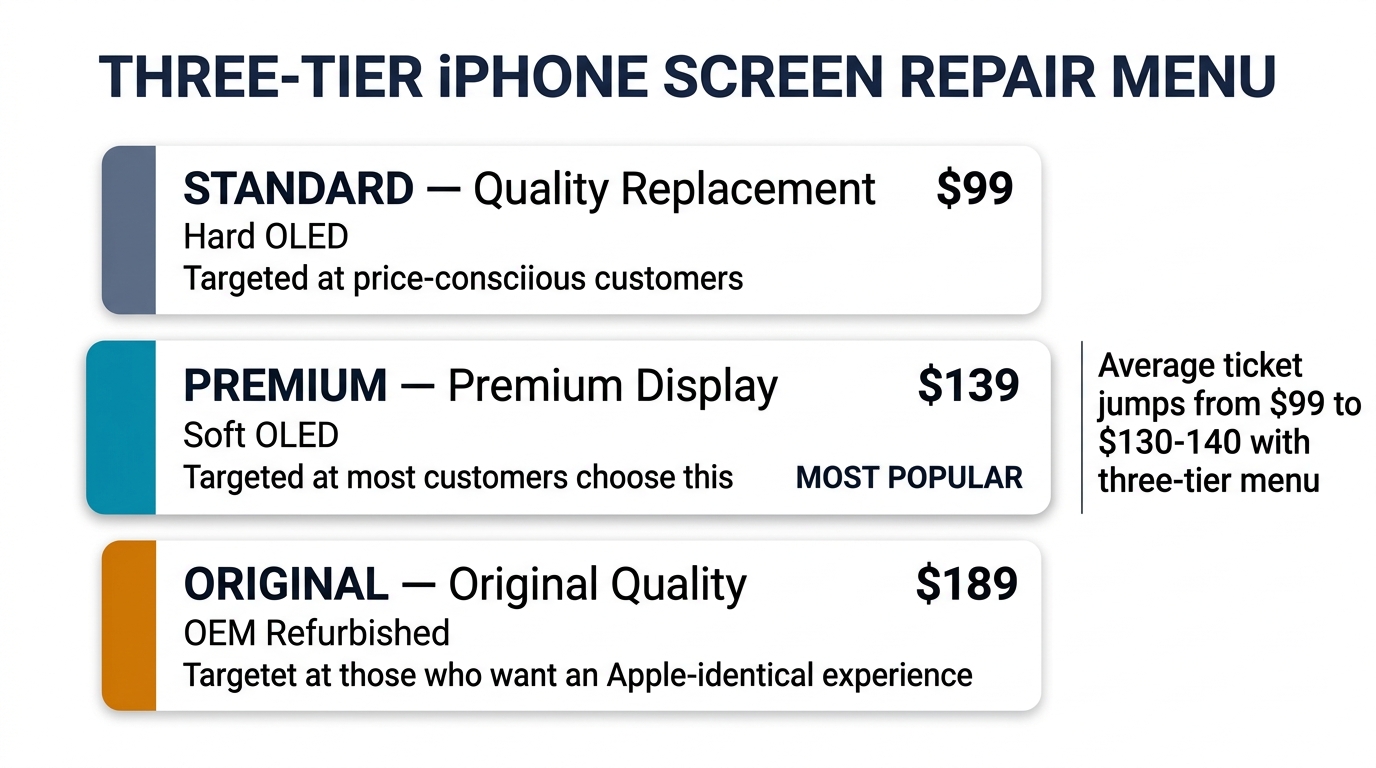 Three-tier iPhone screen repair menu — Standard $99, Premium $139 (most popular), Original $189, average ticket jumps to $130-140