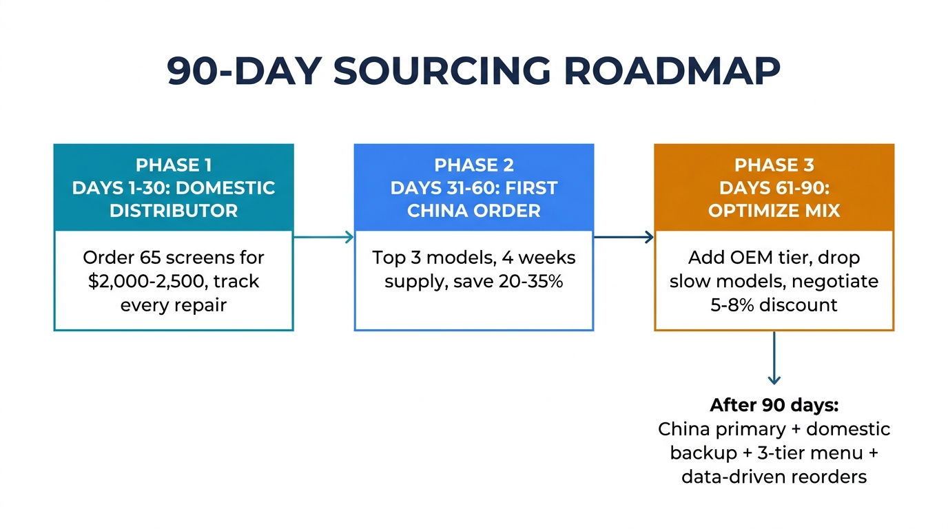 90-day sourcing roadmap — Phase 1 domestic distributor, Phase 2 first China order saving 20-35%, Phase 3 optimize mix and negotiate discounts