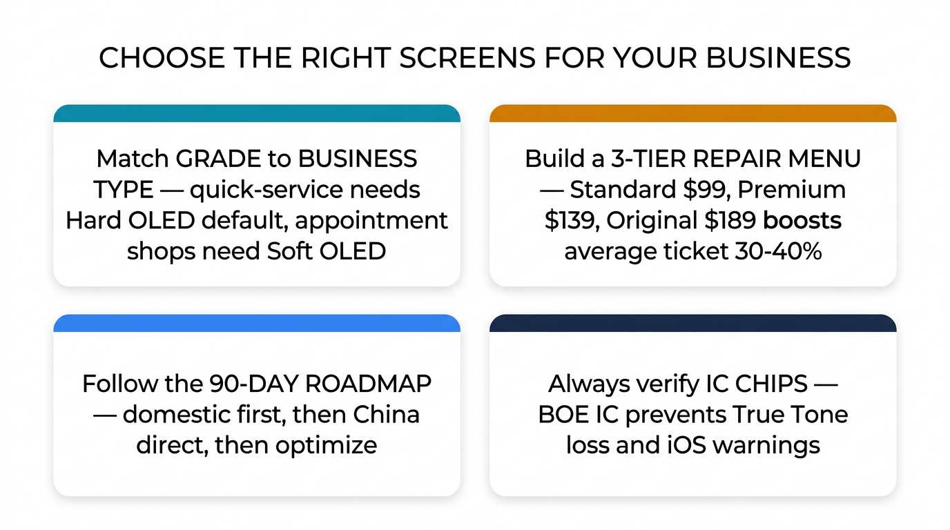 Key takeaways — match grade to business type, build 3-tier menu, follow 90-day roadmap, always verify IC chips
