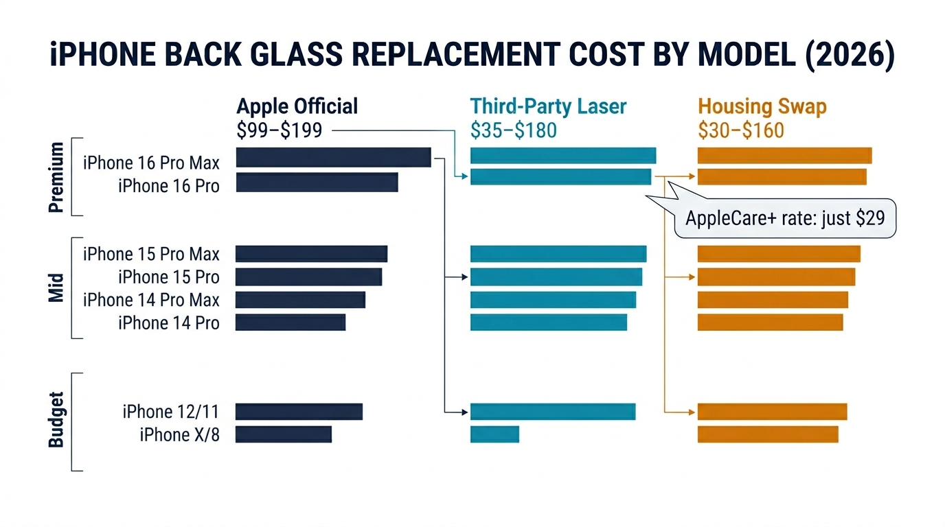 iPhone back glass replacement cost by model — Apple vs third-party laser vs housing swap pricing comparison 2026