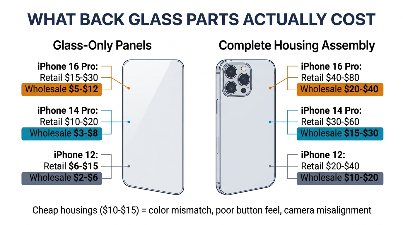 iPhone back glass parts cost comparison — glass-only panels vs complete housing assemblies with retail and wholesale pricing