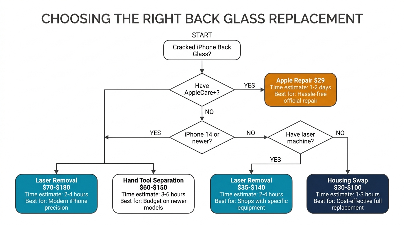 Decision flowchart for choosing iPhone back glass replacement method — AppleCare, laser removal, or housing swap