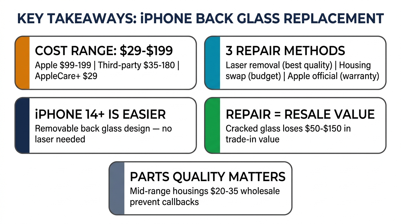 Key takeaways for iPhone back glass replacement — cost, methods, and parts quality summary
