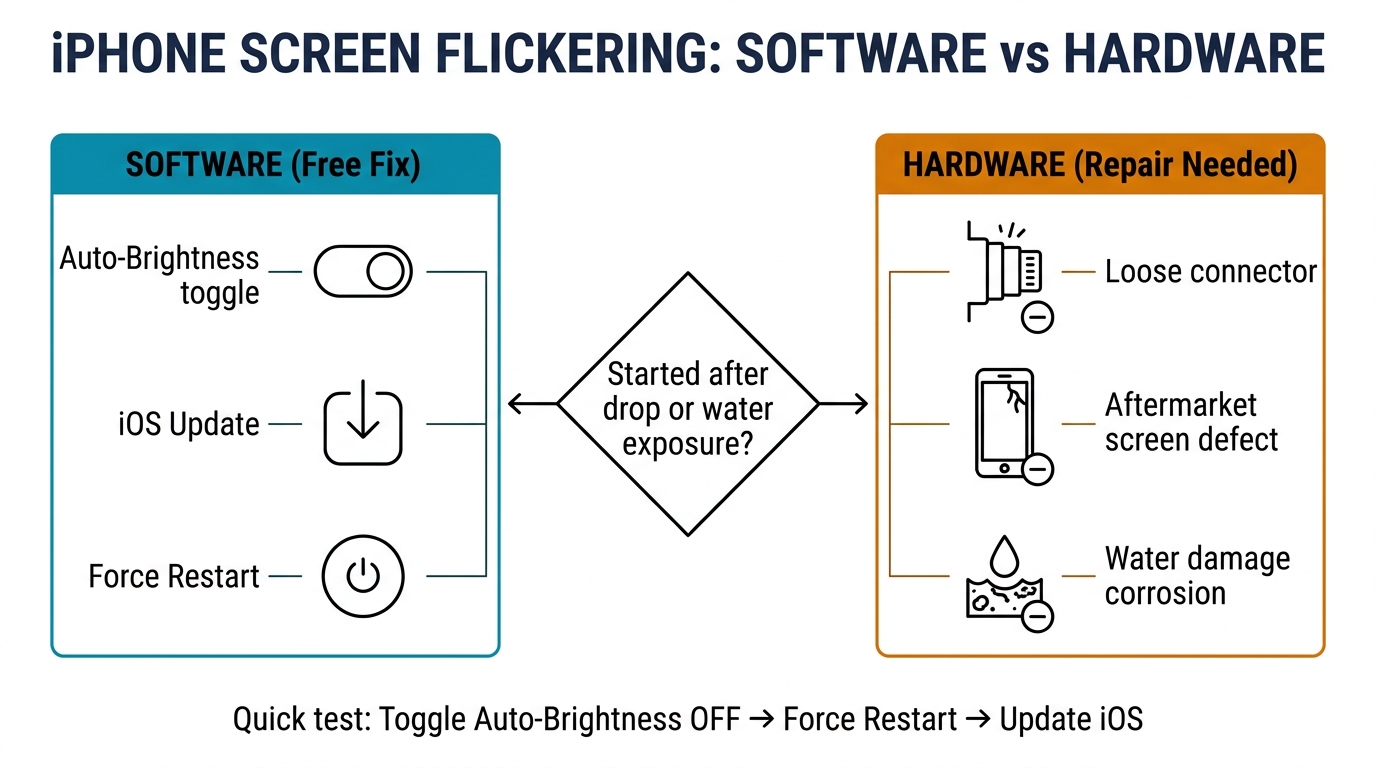 iPhone screen flickering diagnosis — software vs hardware causes with repair costs
