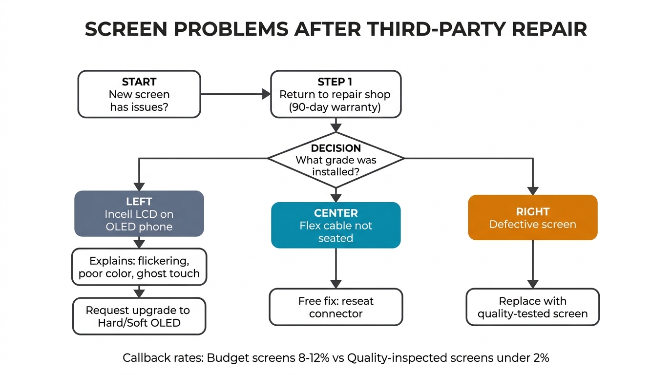 Screen problems after third-party repair — diagnosis flowchart for screen grade and connector issues