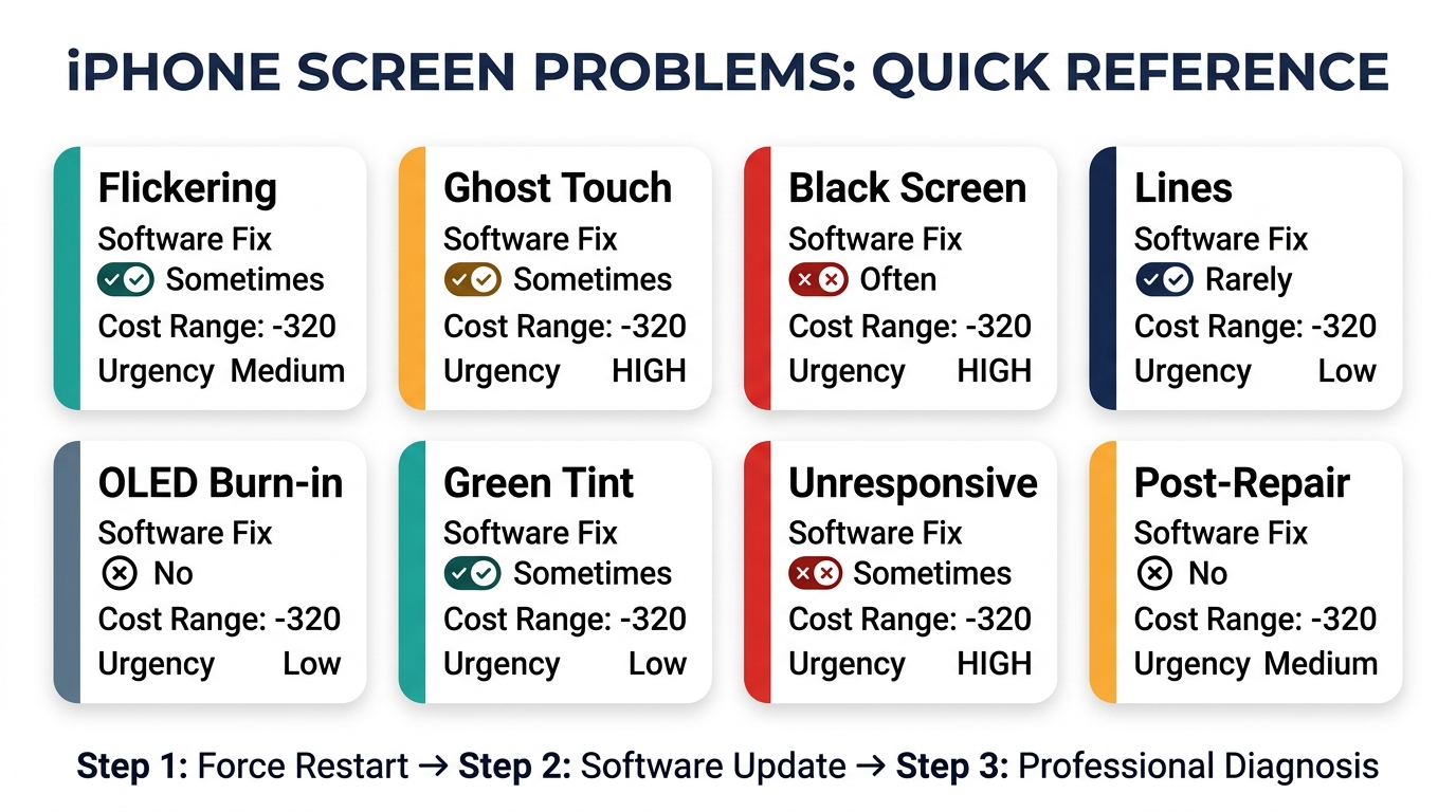 iPhone screen problems quick reference — 8 issues with software fix availability, cost ranges, and urgency levels