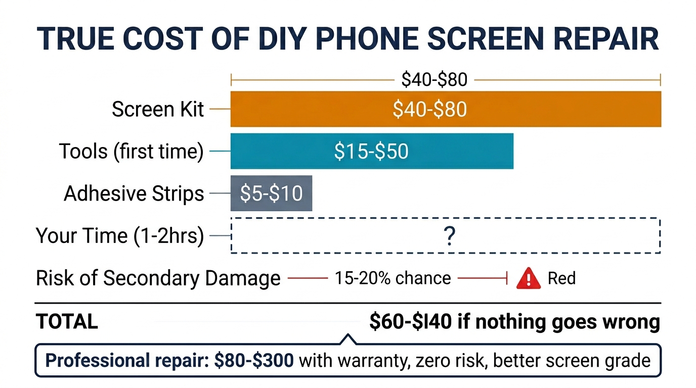 True cost of DIY phone screen repair — full breakdown including hidden costs and risk factors