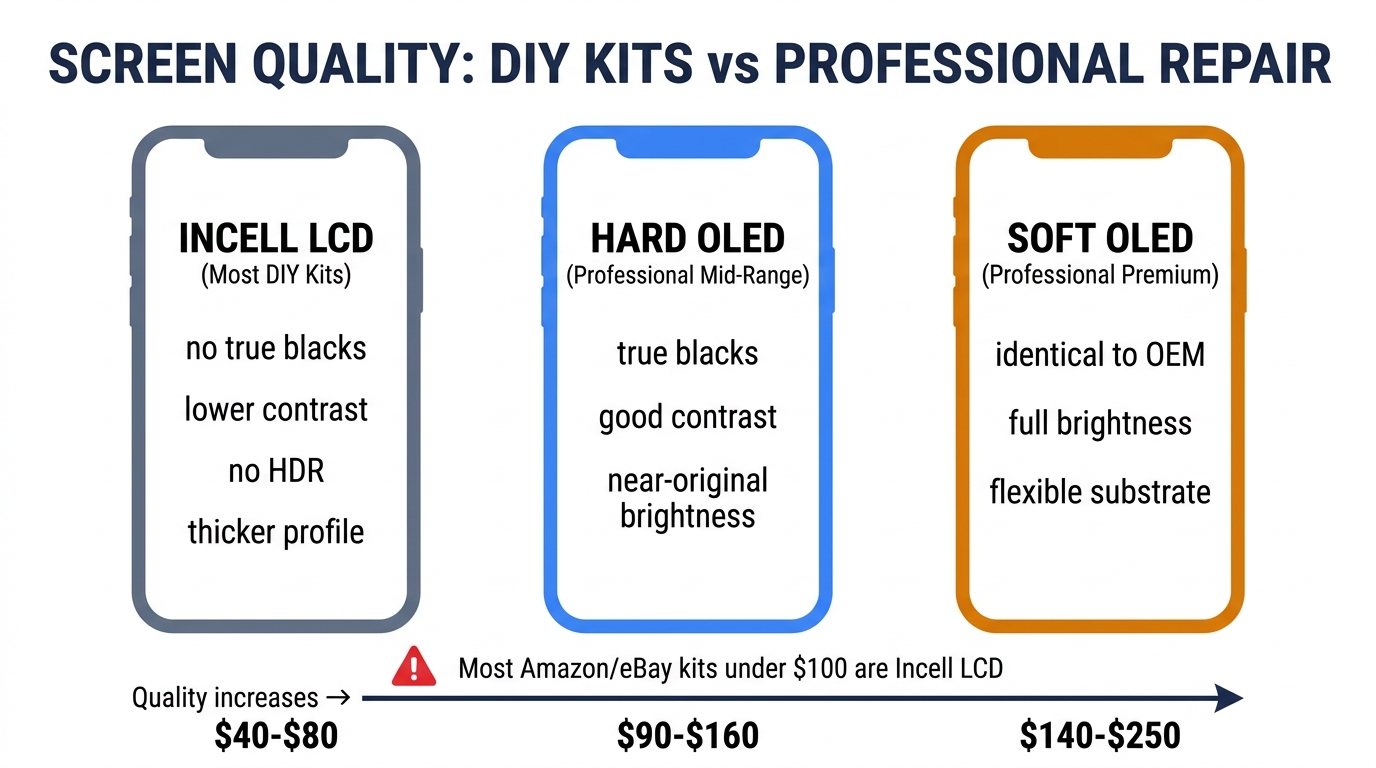 Screen quality comparison — Incell LCD vs Hard OLED vs Soft OLED grades with pricing