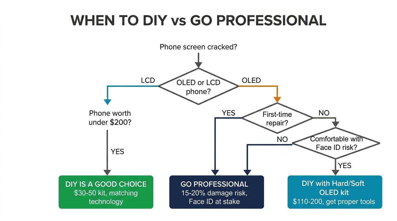 Decision flowchart — when to DIY vs go professional for phone screen repair