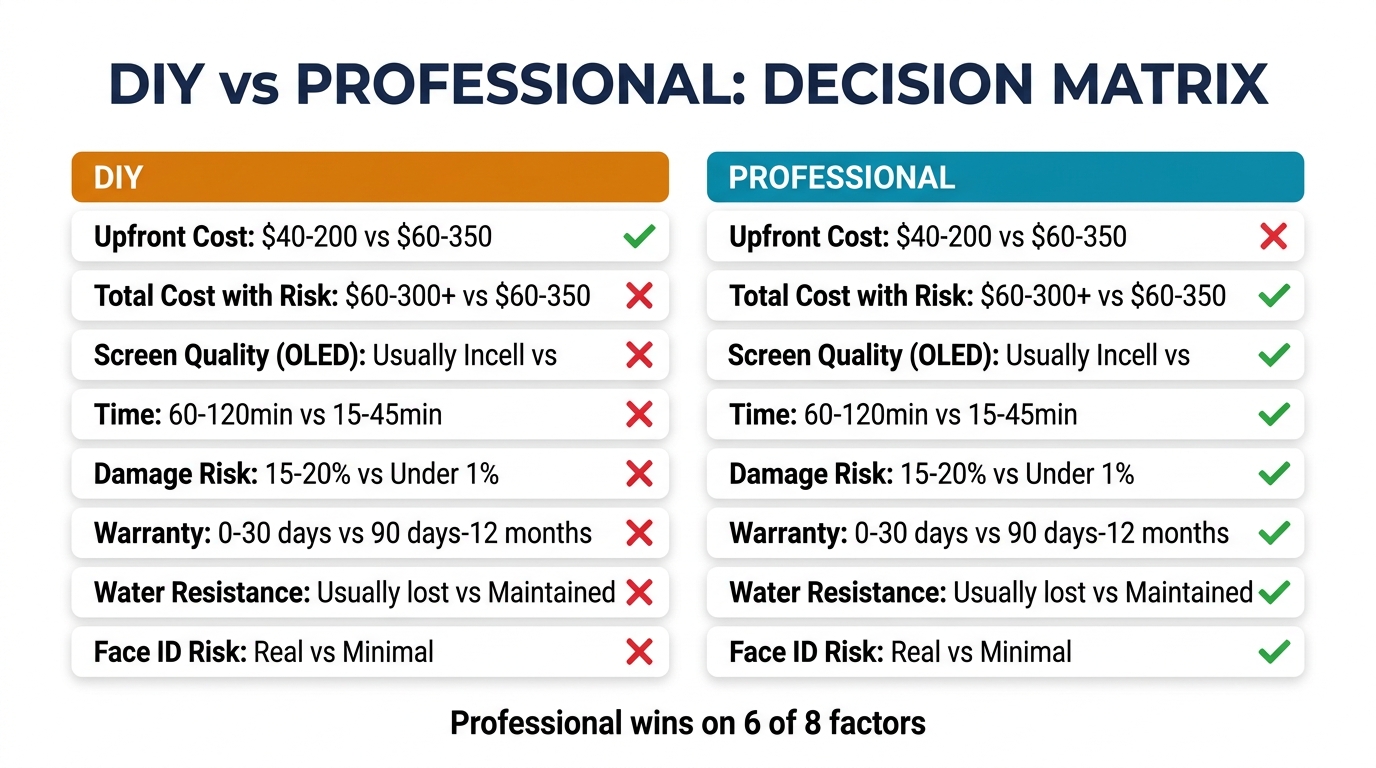 DIY vs professional repair decision matrix — side-by-side comparison of 8 key factors