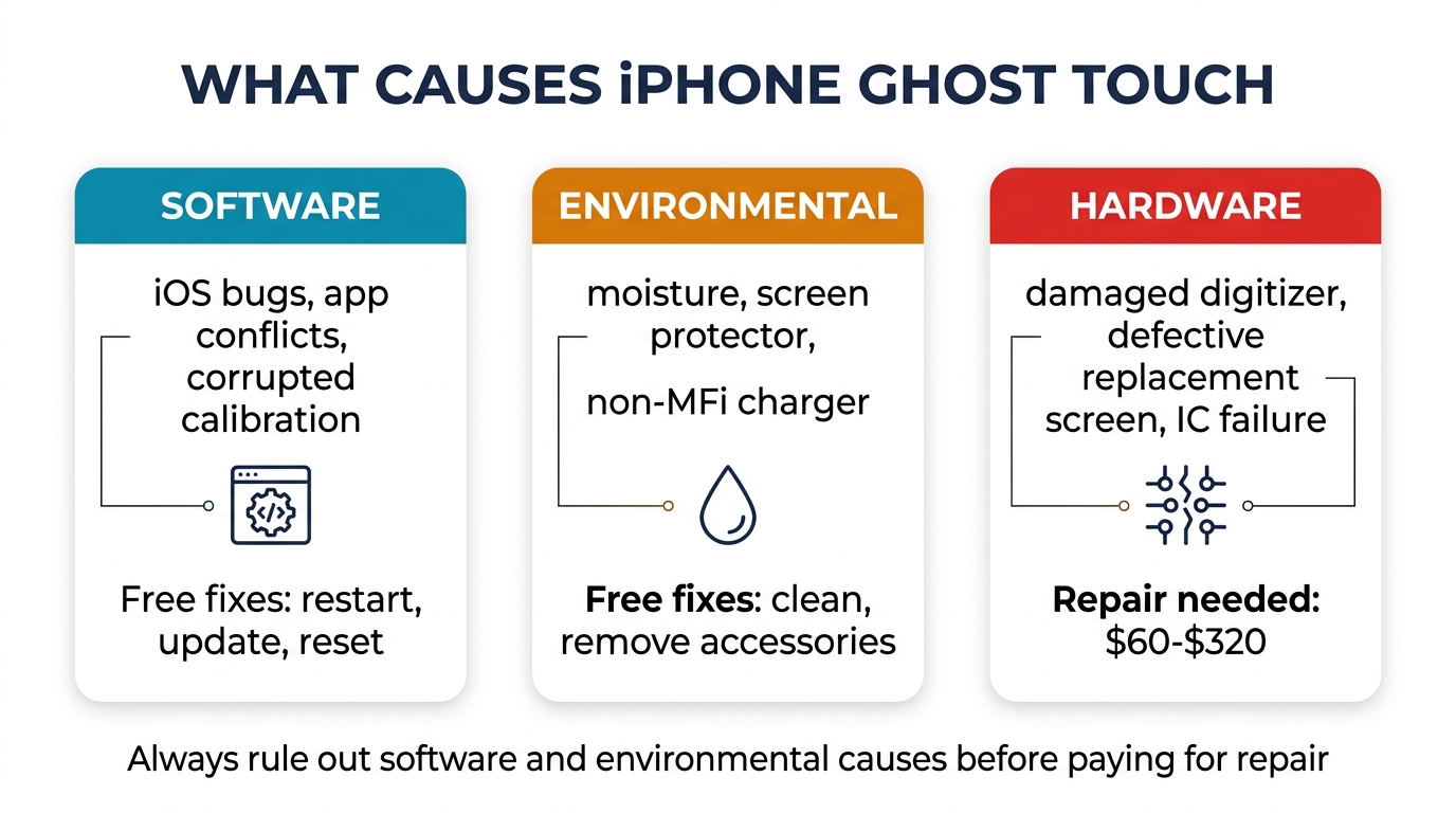 Three categories of iPhone ghost touch causes — software, environmental, and hardware