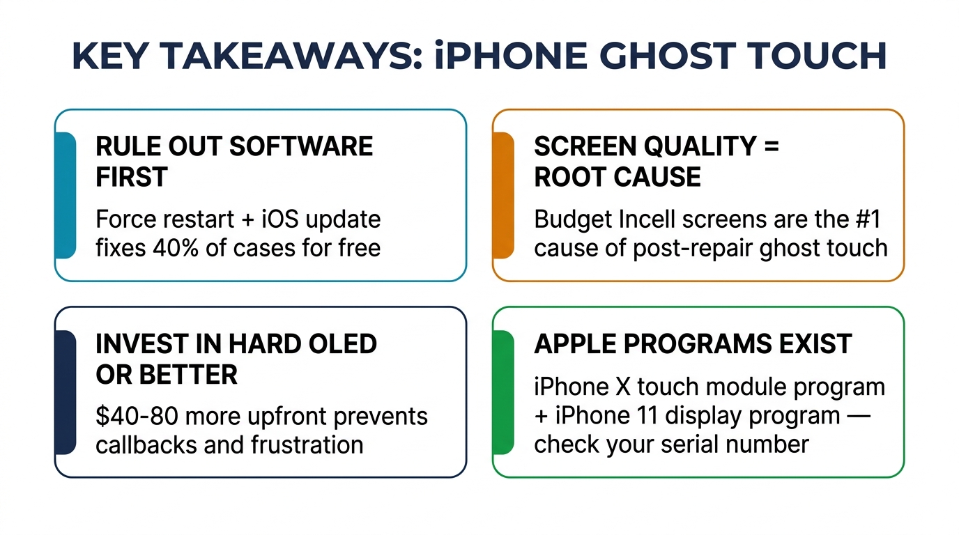 Key takeaways for iPhone ghost touch — screen quality, software fixes, and Apple programs