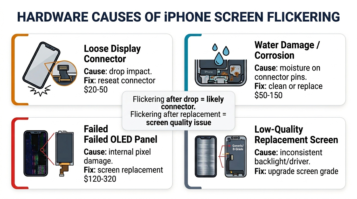 Hardware causes of iPhone screen flickering — loose connector, water damage, failed OLED, and screen quality