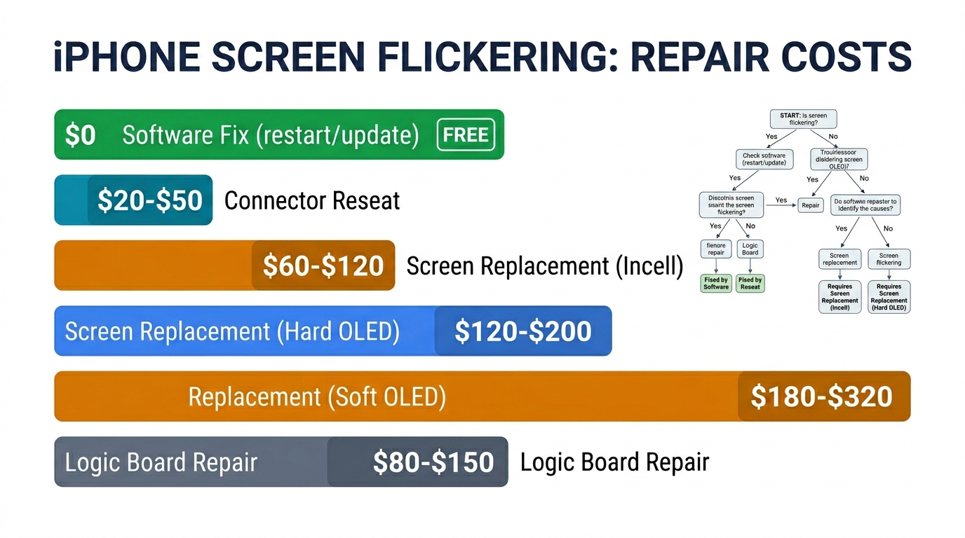 iPhone screen flickering repair costs — from free software fixes to screen replacement by grade