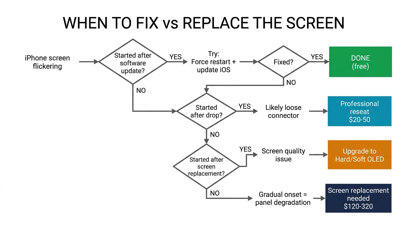Decision flowchart — when to fix vs replace iPhone screen for flickering issues