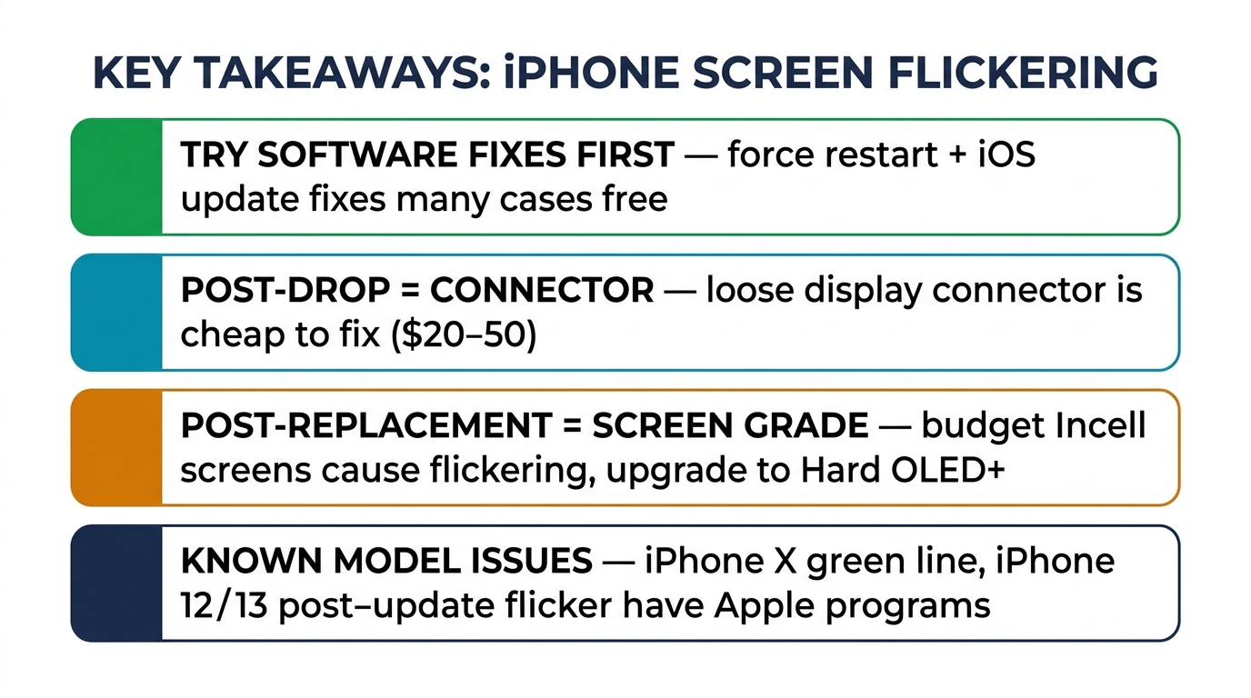 Key takeaways for iPhone screen flickering — software fixes, connector issues, and screen grade