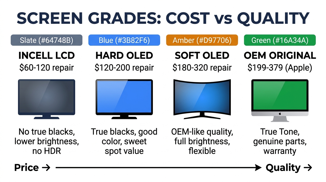 Screen grades comparison — Incell LCD vs Hard OLED vs Soft OLED vs OEM with cost and quality