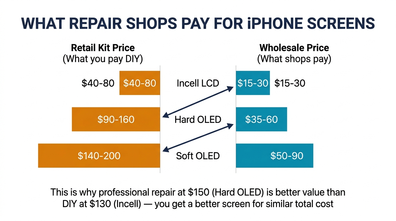 Retail DIY kit prices vs wholesale shop prices — margin comparison by screen grade