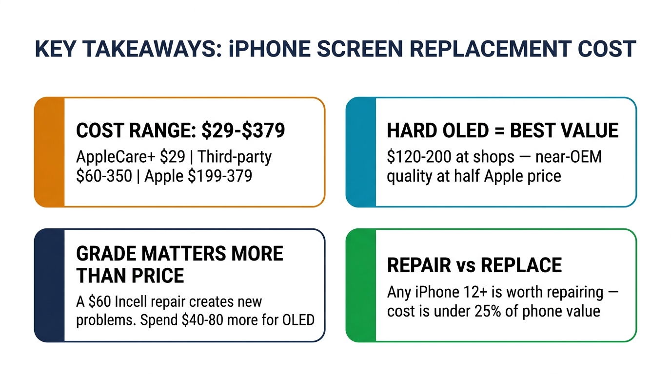 Key takeaways — iPhone screen replacement cost, best value grade, and repair vs replace decision