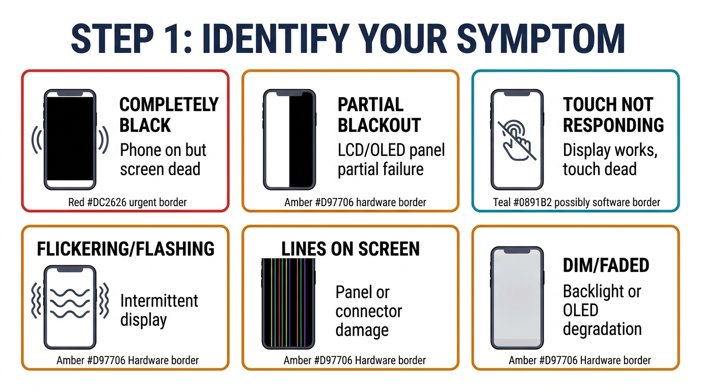 6 phone screen symptoms visual guide — black screen, partial blackout, touch failure, flickering, lines, dim display