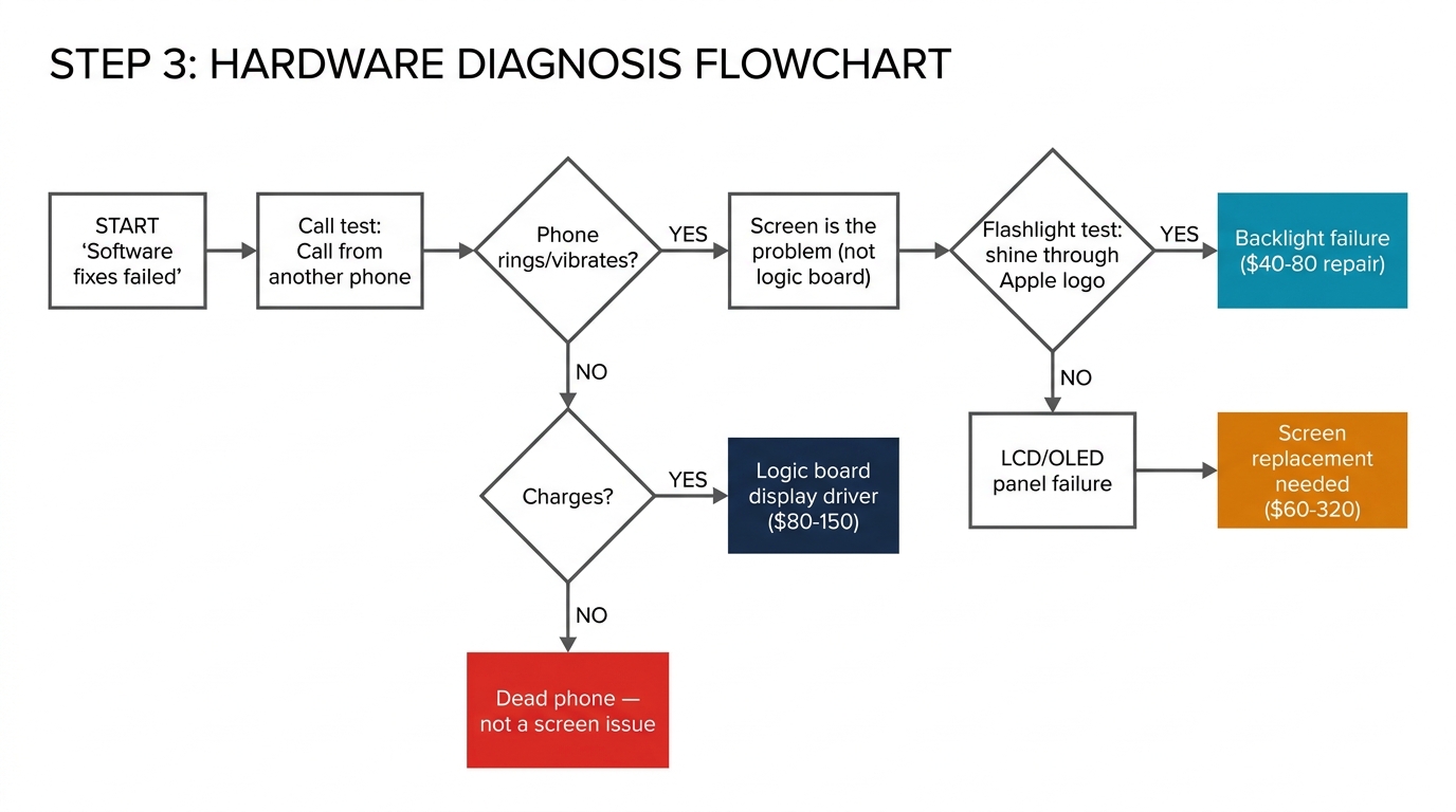 Hardware diagnosis flowchart — call test, flashlight test, and component identification