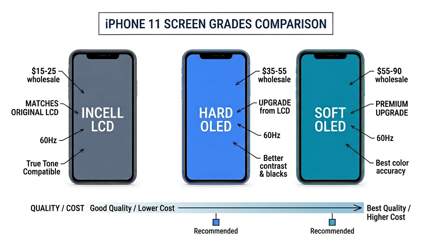 Comparison of iPhone 11 screen grades: Incell LCD, Hard OLED, and Soft OLED with wholesale costs and quality ratings